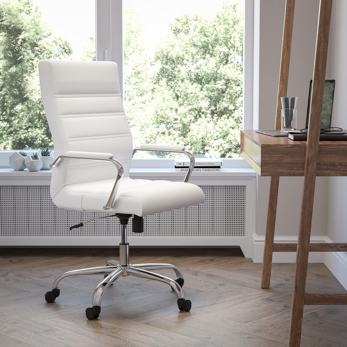 -Back Swivel LeatherSoft Desk Chair with Padded Seat and Armrests, Adjustable Height Padded Office Chair, White/Chrome