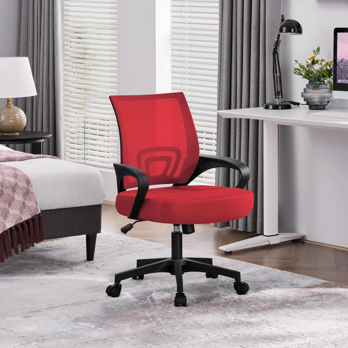 Office Chair Desk Chair Mid Back Mesh Task Chair Computer Chair Ergonomic Rolling Swivel Chair Adjustable Executive Chair with Lumbar Support Armrests, Red