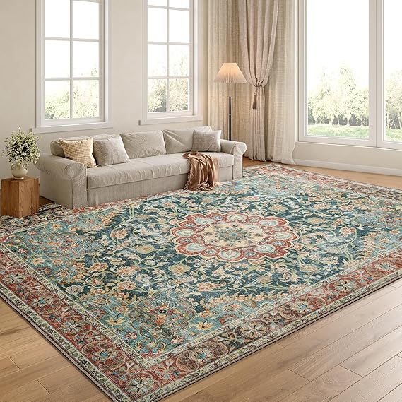 10x14 Vintage Area Rug - Large Boho Carpet with Non-Slip Backing
