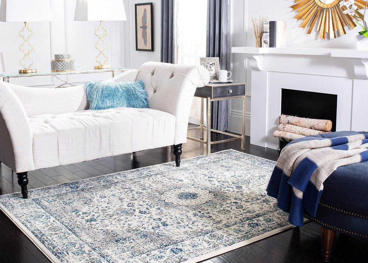 Evoke Collection Area Rug - 9' x 12', Ivory & Grey, Shabby Chic Oriental Medallion Design