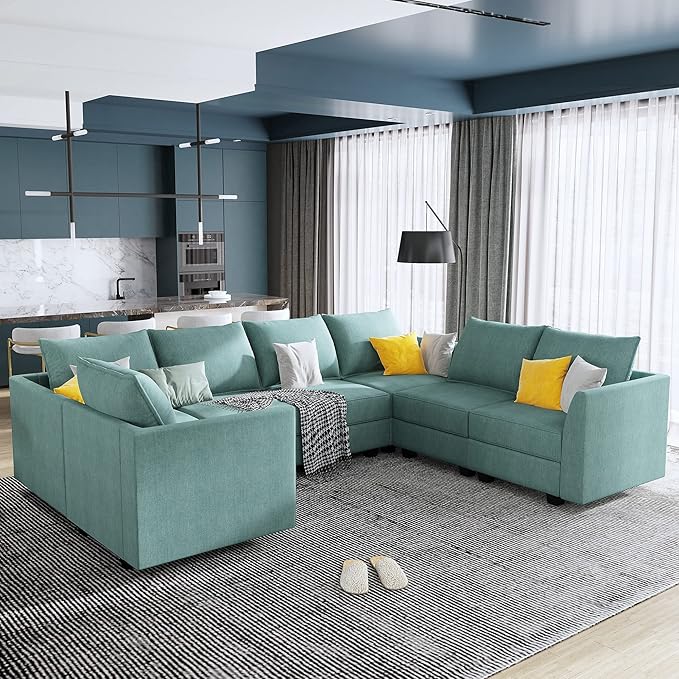 U Shape Corner Sectional Sofa Set, Aqua Blue