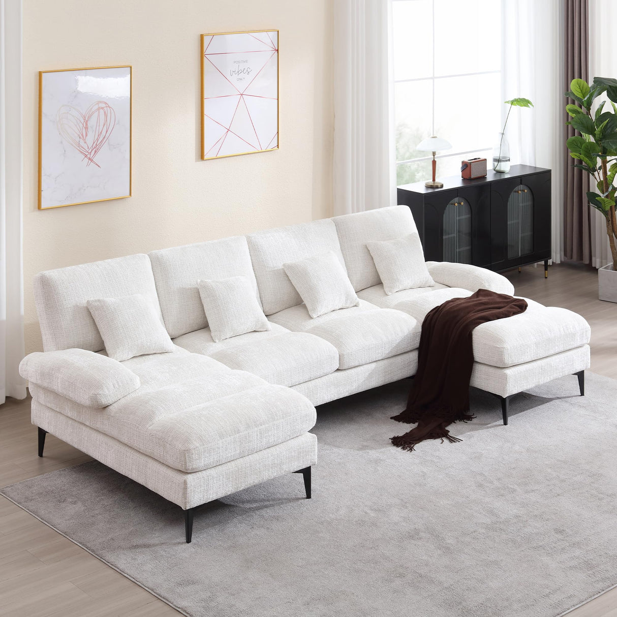 U Shaped Couch Sofa, Big Deep Seat Sectional Couch with 4 Throw Pillows