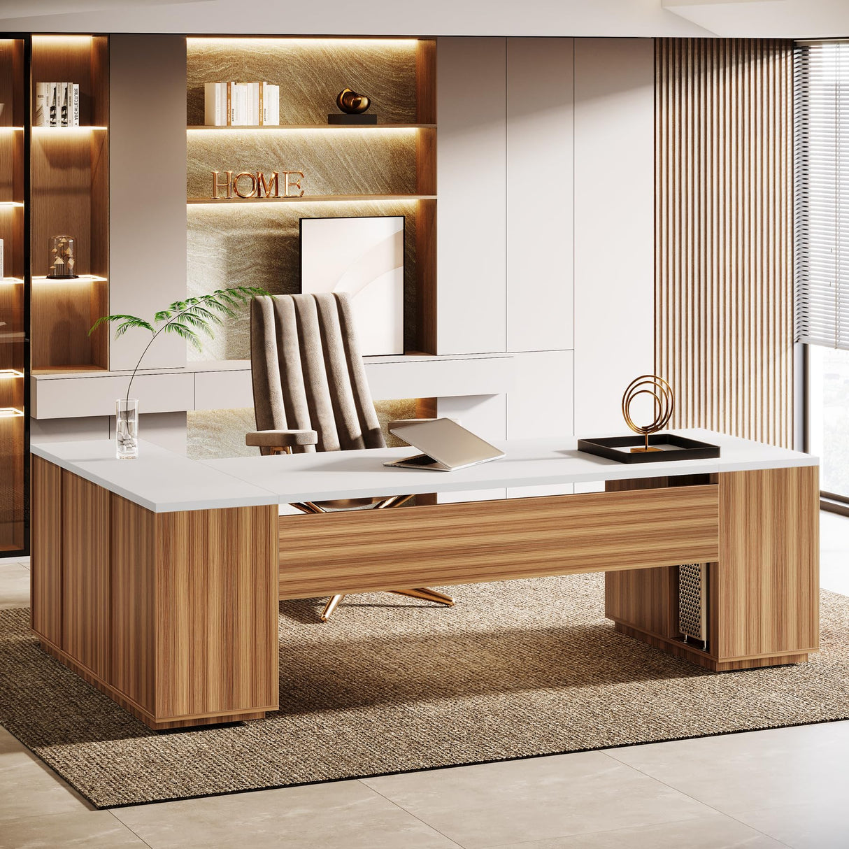 85.8" L-Shaped Executive Desk, Extra Large Office Desk with File Drawers