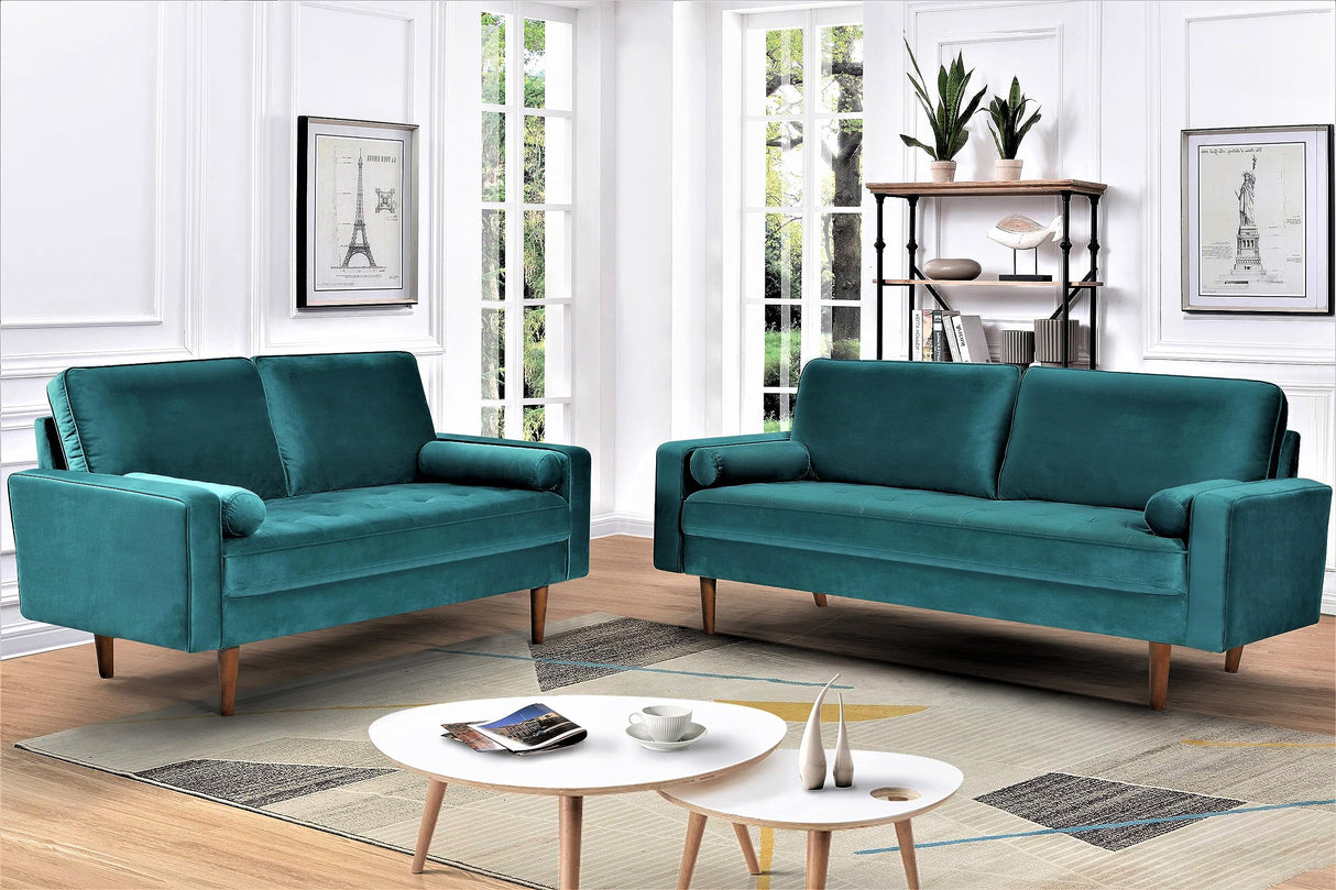 Velvet Tufted Mid-Century Loveseat Sofa with Bolster Pillows – 3 Colors