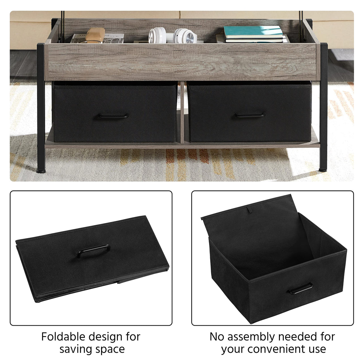 Lift-top Coffee Table with 2 Fabric Baskets & Hidden Storage Compartment