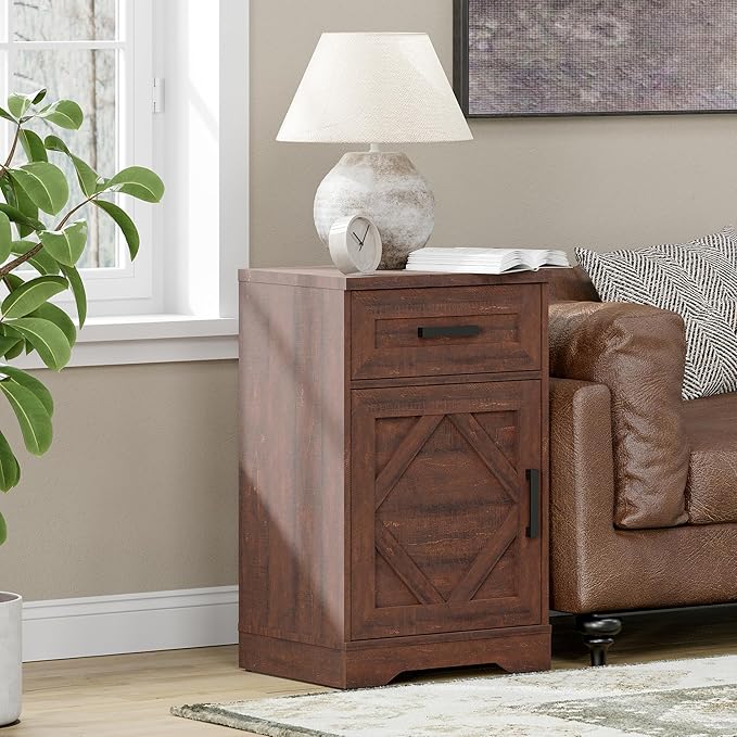 End Table with 1 Drawer & Barn Door, Farmhouse Large Sofa Side Table