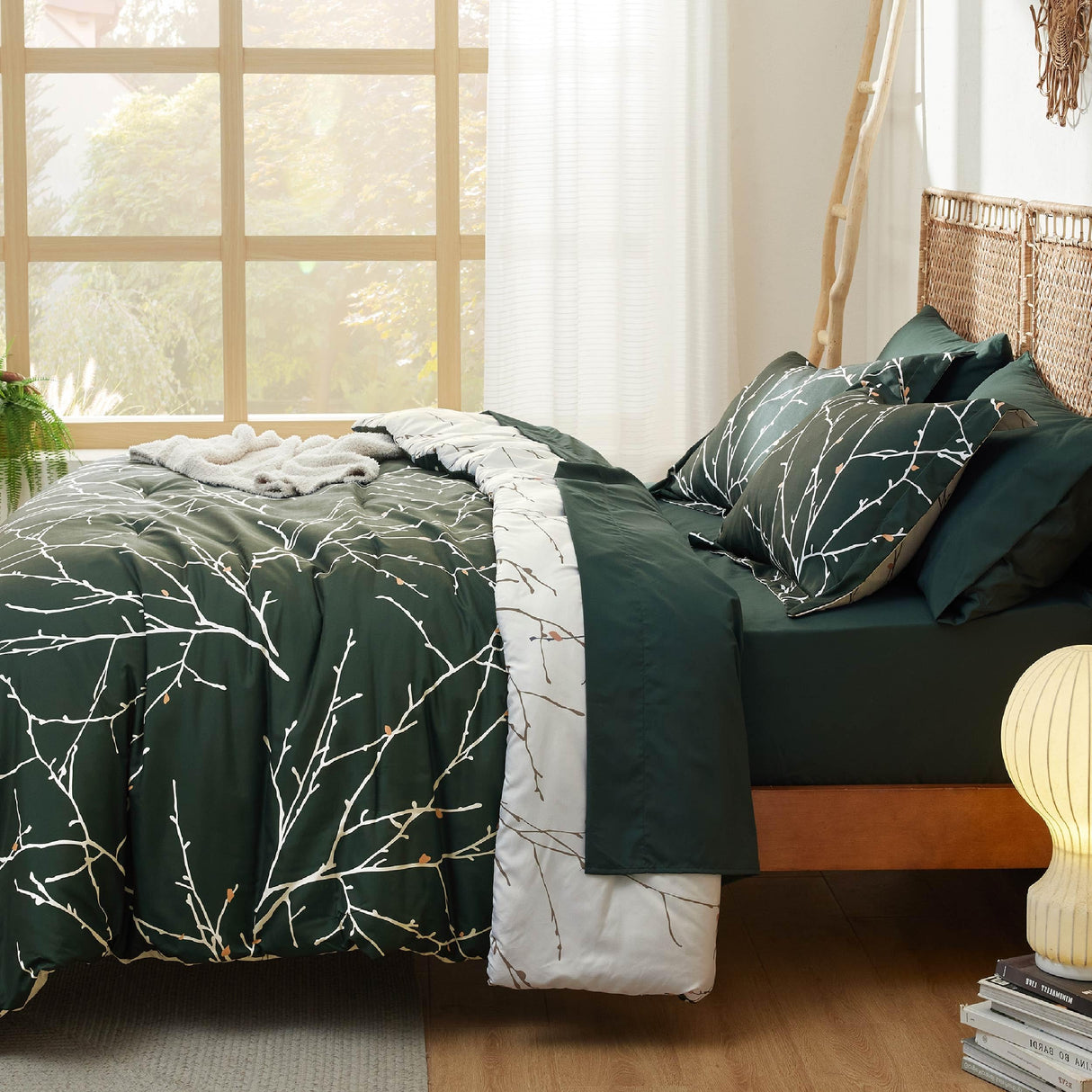 Forest Green Queen Comforter Set - 7 Pieces Floral Bedding Sets Queen Bed in a Bag