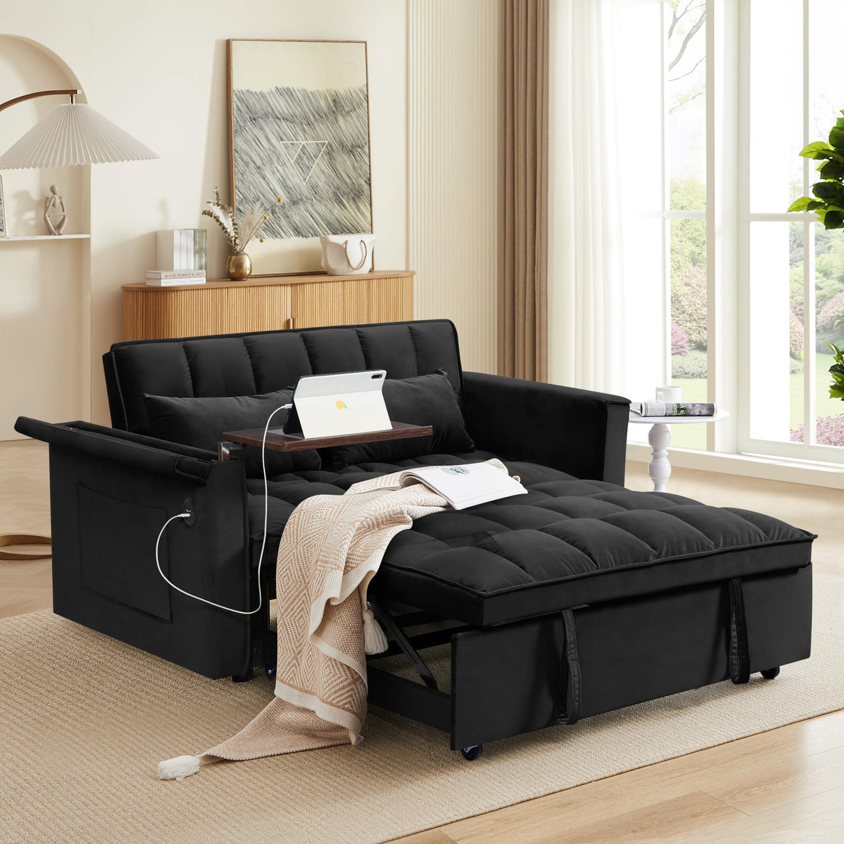 3-in-1 Convertible Velvet Sofa Bed with USB Charging and Adjustable Backrest