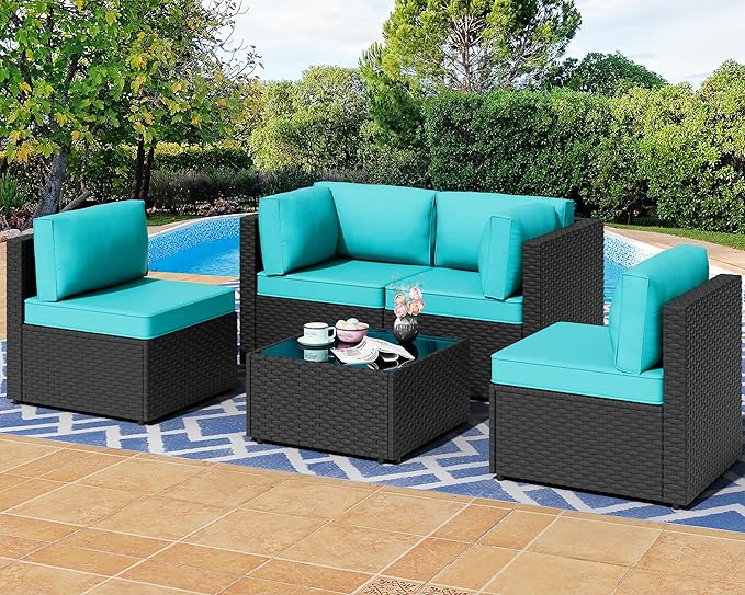 7 Pieces Outdoor Patio Sectional Sofa Couch, Black Wicker Furniture Conversation Sets