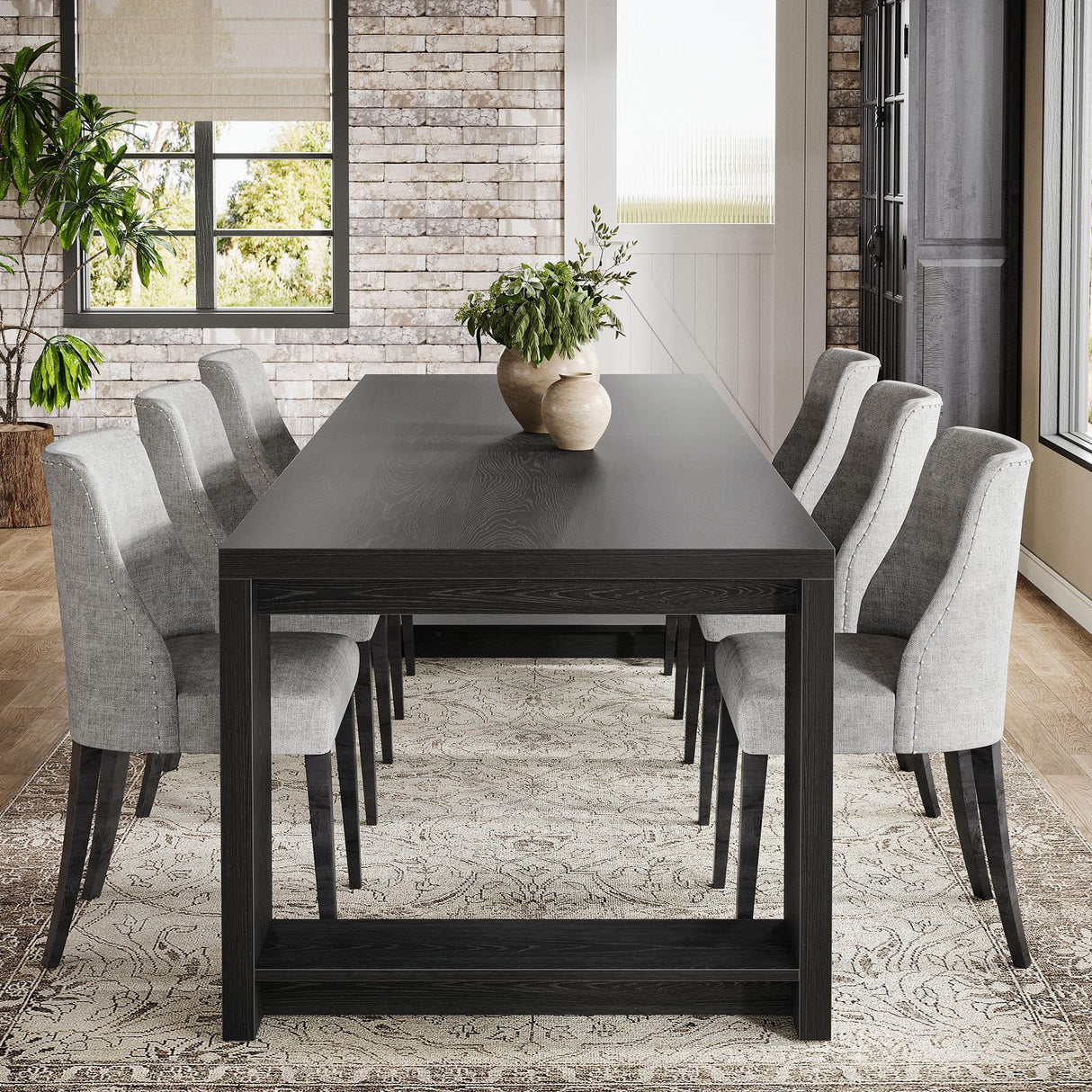 86.61-Inch Dining Table for 6-8 People - Modern Farmhouse Rectangular Kitchen Table with Pedestal Base