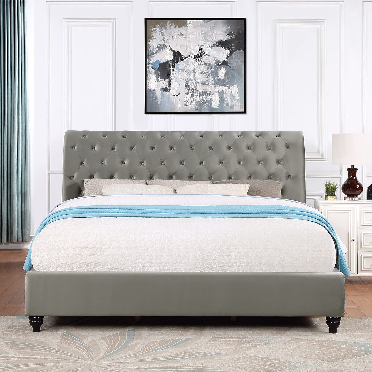 Cerderia Velvet Upholstered Button Tufted Nailhead Trim Sleigh Bed