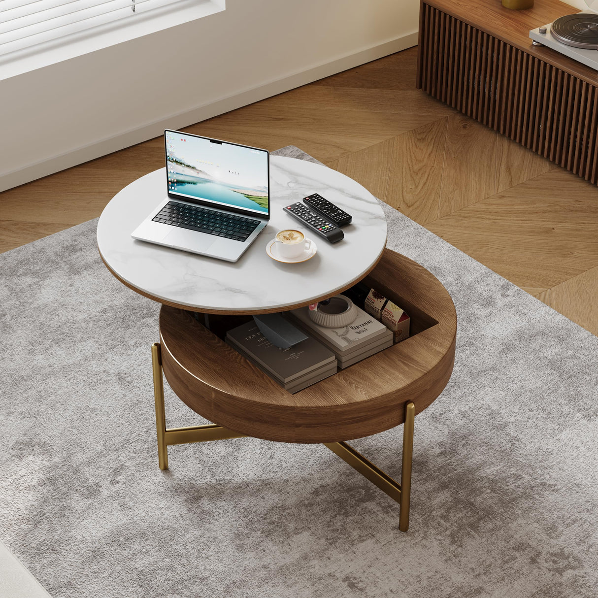 Lift Top Coffee Table, 31.5" Center Table with Storage Shelves and Hidden