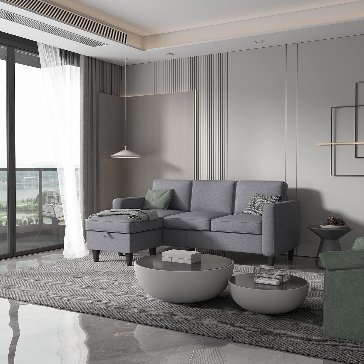 Light Grey Convertible Sectional Sofa Couch,3-Seat L-Shaped Sofa