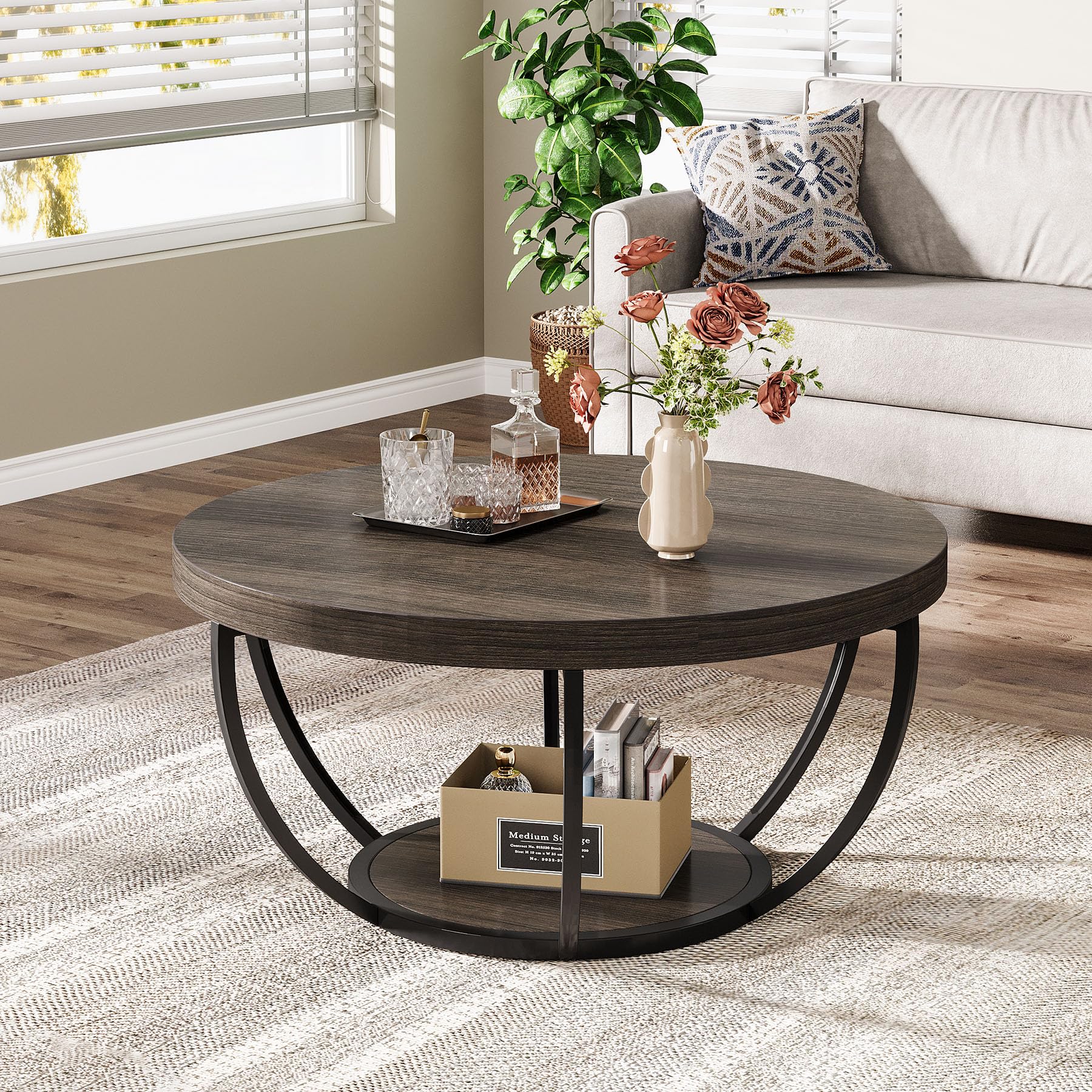 Round Coffee Table, 31.7" Wooden 2-Tier Circle Coffee Table with Storage Shelves