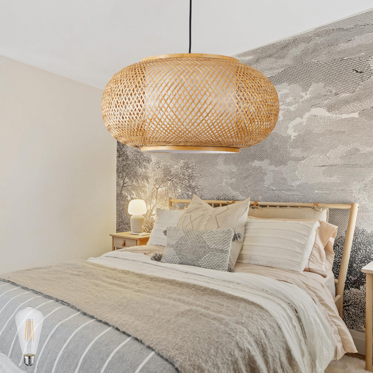 Bamboo Pendant Light Basket Weave Hanging Light, 1 Light Elegant Rattan Chandelier