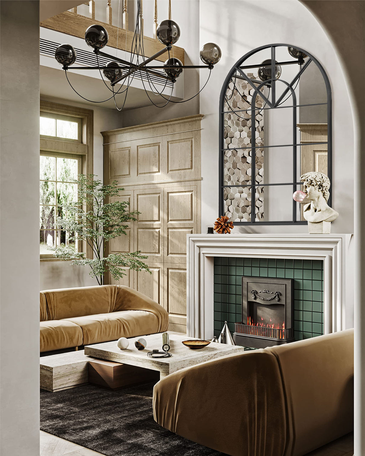 Arched Window Metal Mirror, Black Large Rustic Windowpane Wall Mirror