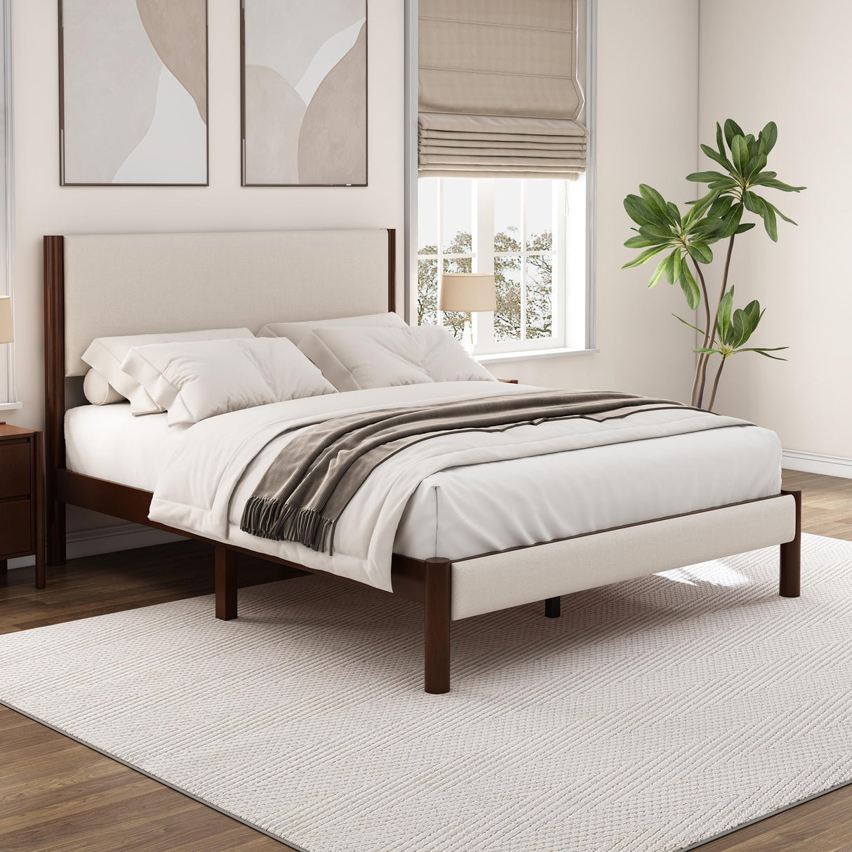 Queen Bed Frame, Wood Platform Bed Frame with Upholstered Headboard