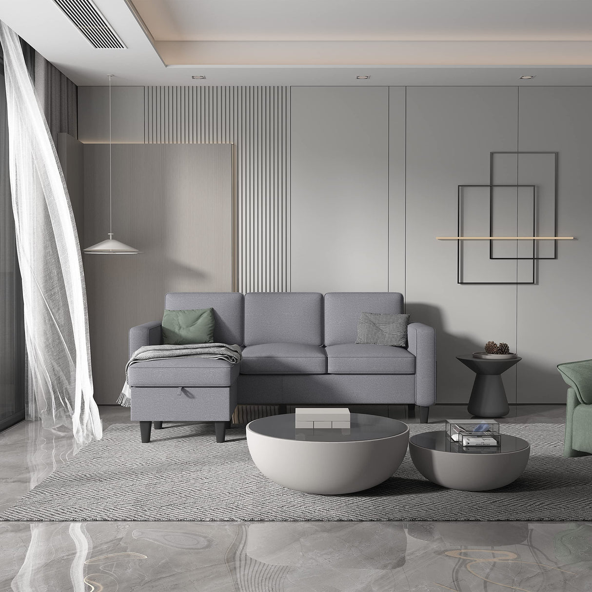 Light Grey Convertible Sectional Sofa Couch,3-Seat L-Shaped Sofa