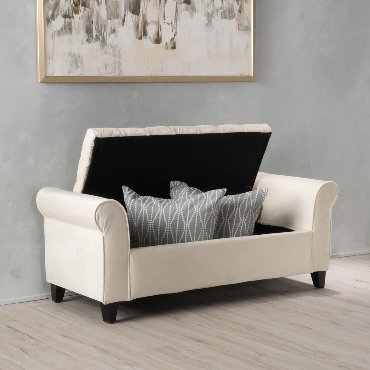 Keiko Velvet Armed Storage Bench, Ivory