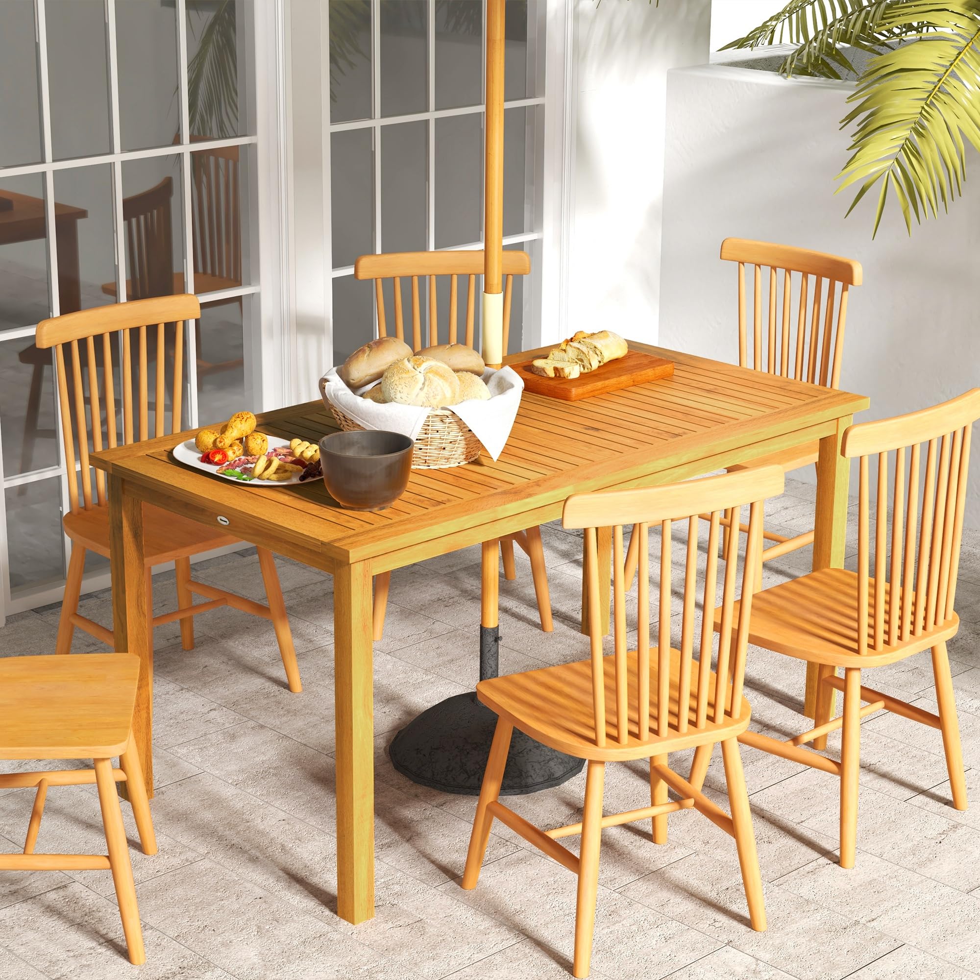 Rectangle Patio Table for 6, Outdoor Dining Table with Umbrella Hole