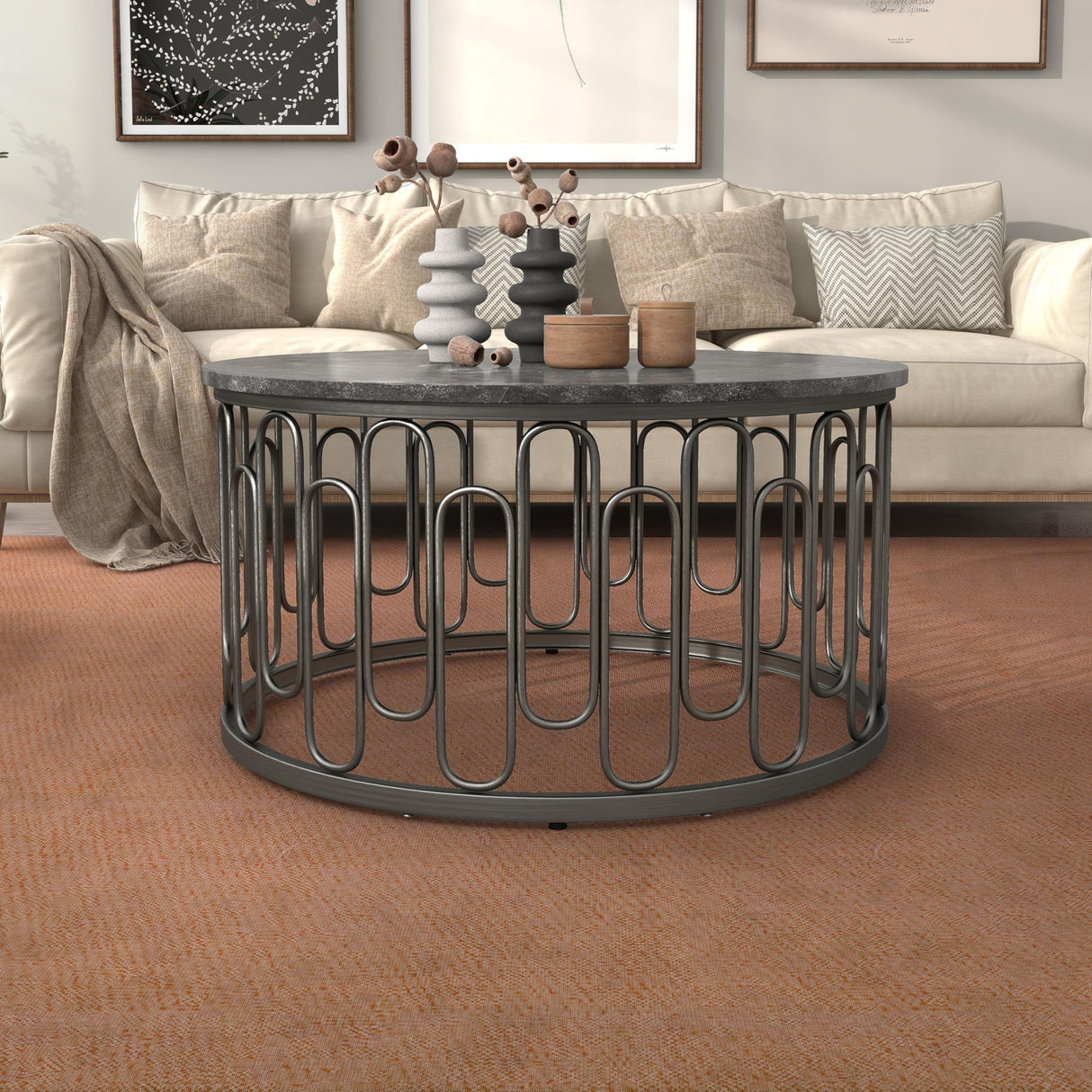 Davis Modern Round Coffee Table with Marble Top & Sturdy Metal Legs & Open Shelf for Living Room