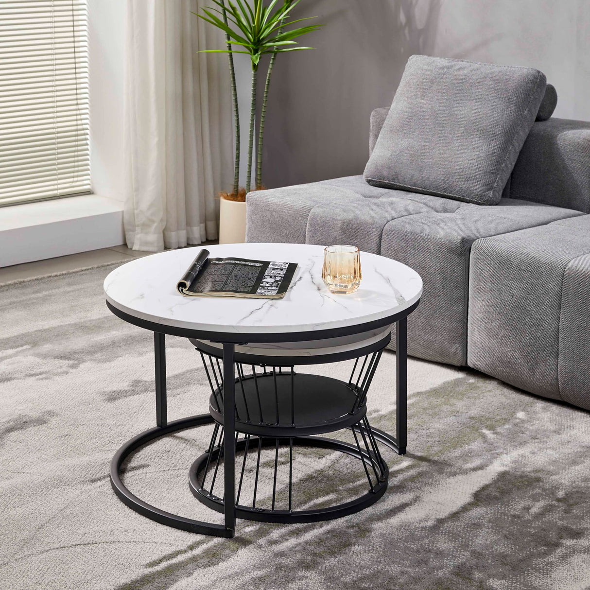 Nesting Coffee Table Black Set of 2, 27.5" Round Coffee Tables Living Room