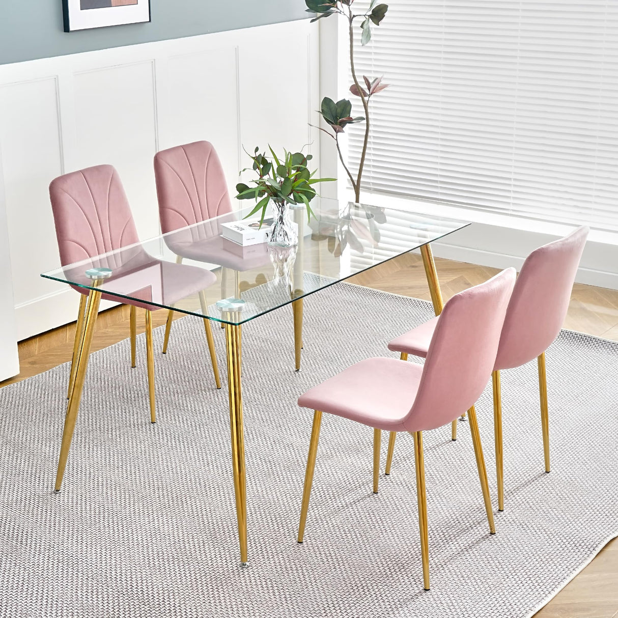 Velvet Dining Chairs Set of 4 - Modern Pink Upholstered Kitchen Chairs with Metal Legs