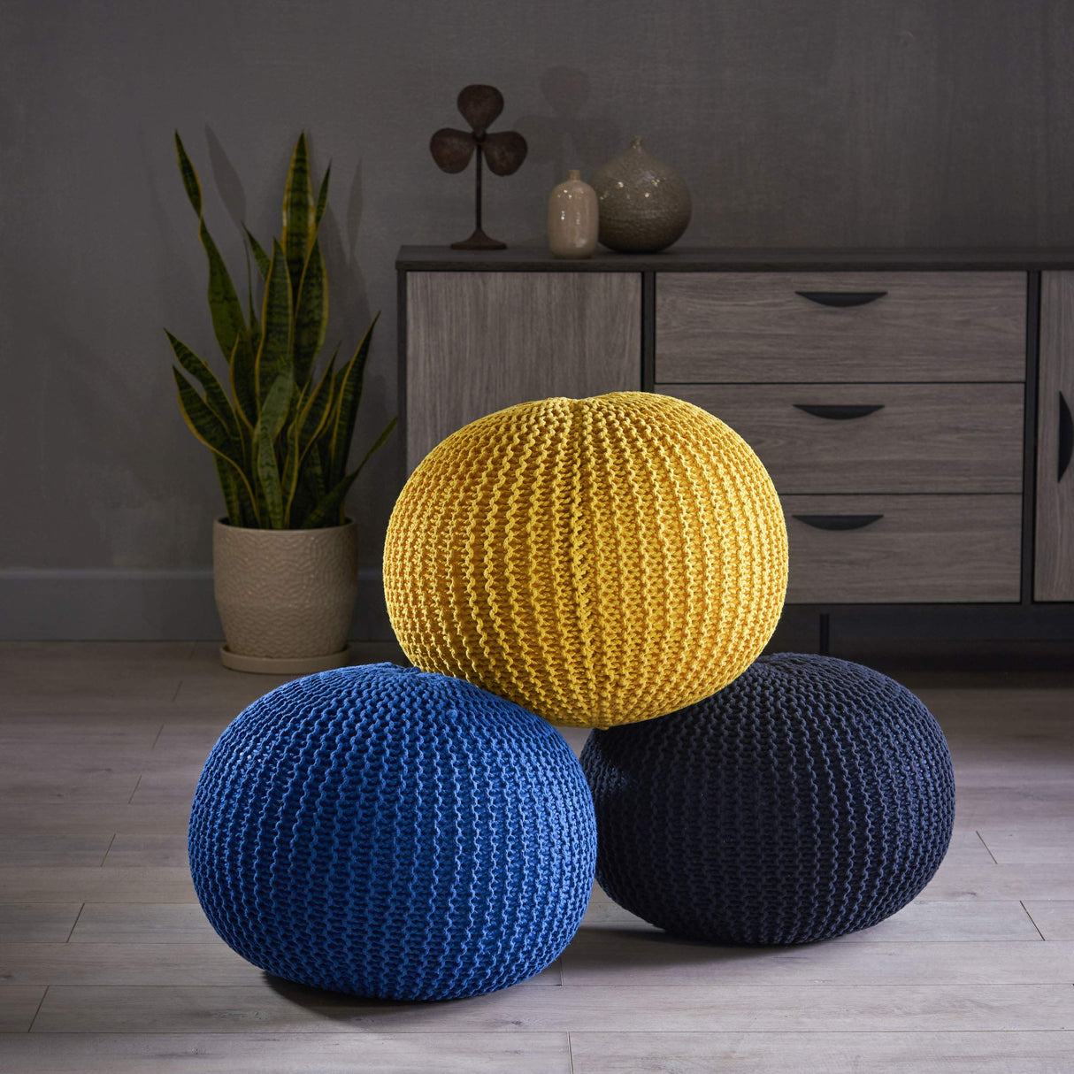 Christopher Knight Home Belle Knitted Cotton Pouf, Navy