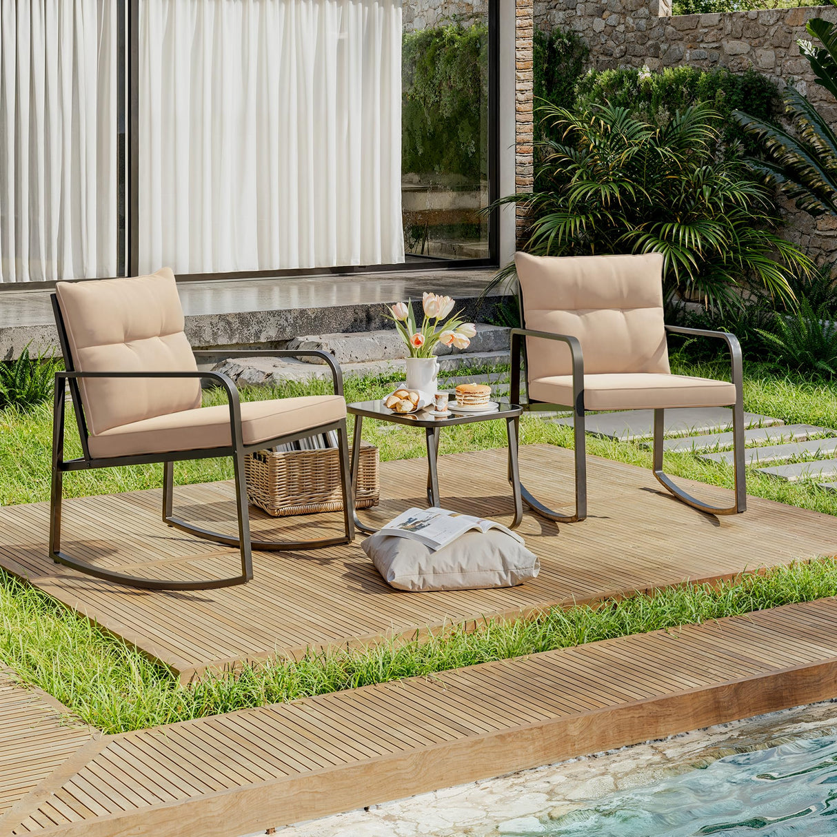 3 Piece Outdoor Rocking Bistro Set, Black Steel Furniture, Porch Chairs Conversation Set