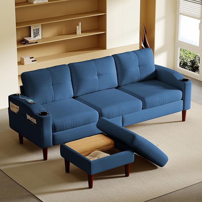 L-Shaped Lounge Sectional Sofa with Ottoman, USB Port & Cup Holders