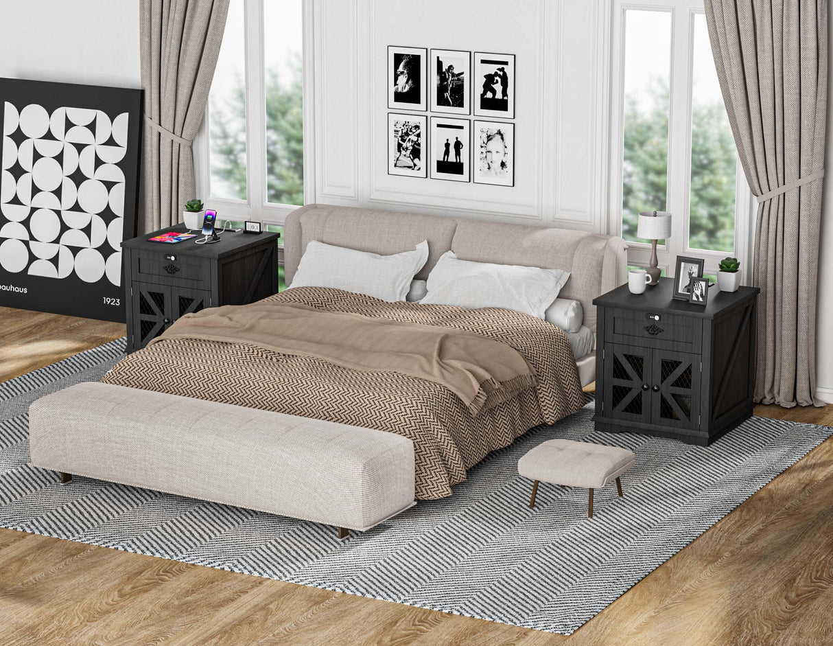 Farmhouse Nightstand End Table with Charging Station, 24" Side Table