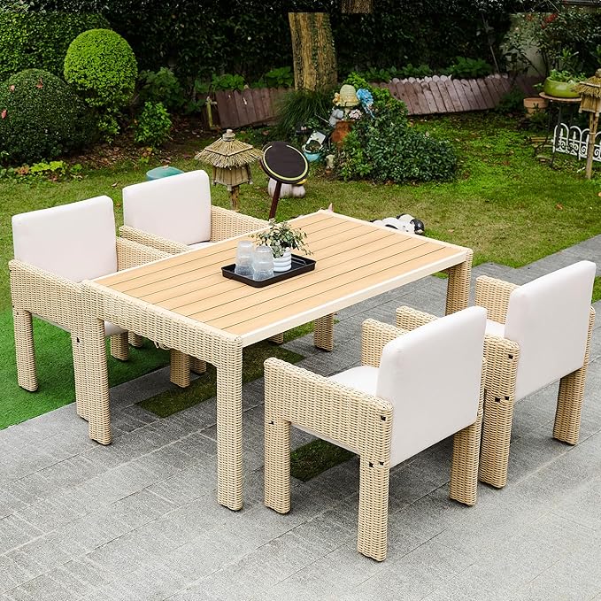 Wicker Outdoor Dining Set for 6, Upholstered 7 Piece Patio Dining Set with Armrests