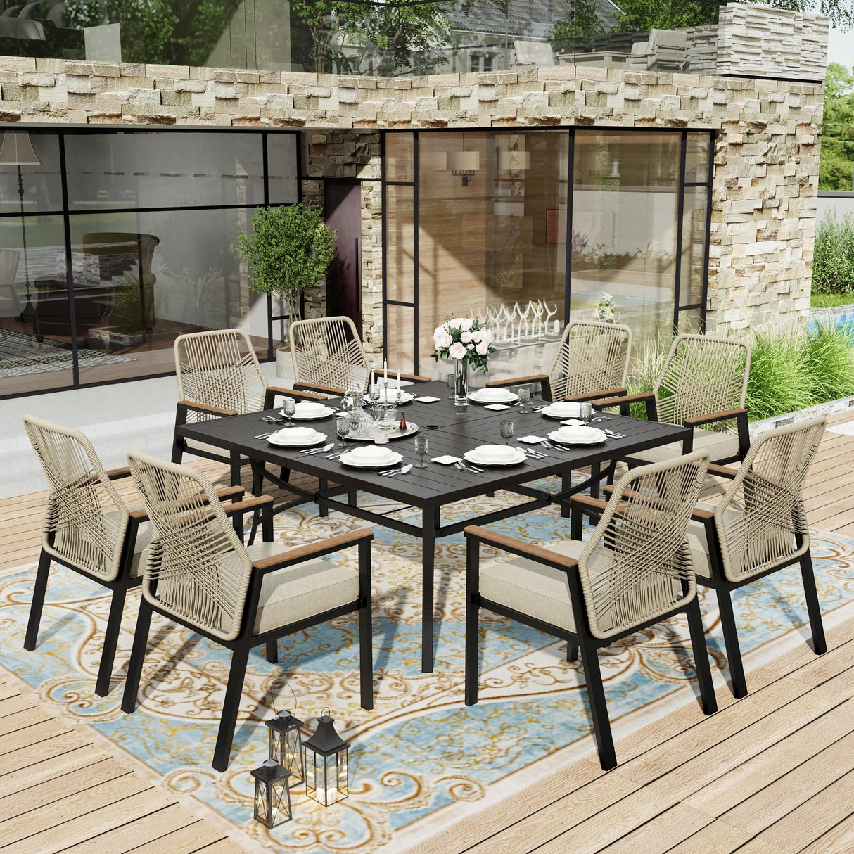 9 Piece Modern Patio Dining Set, Outdoor Rattan Dining Table Set for 8
