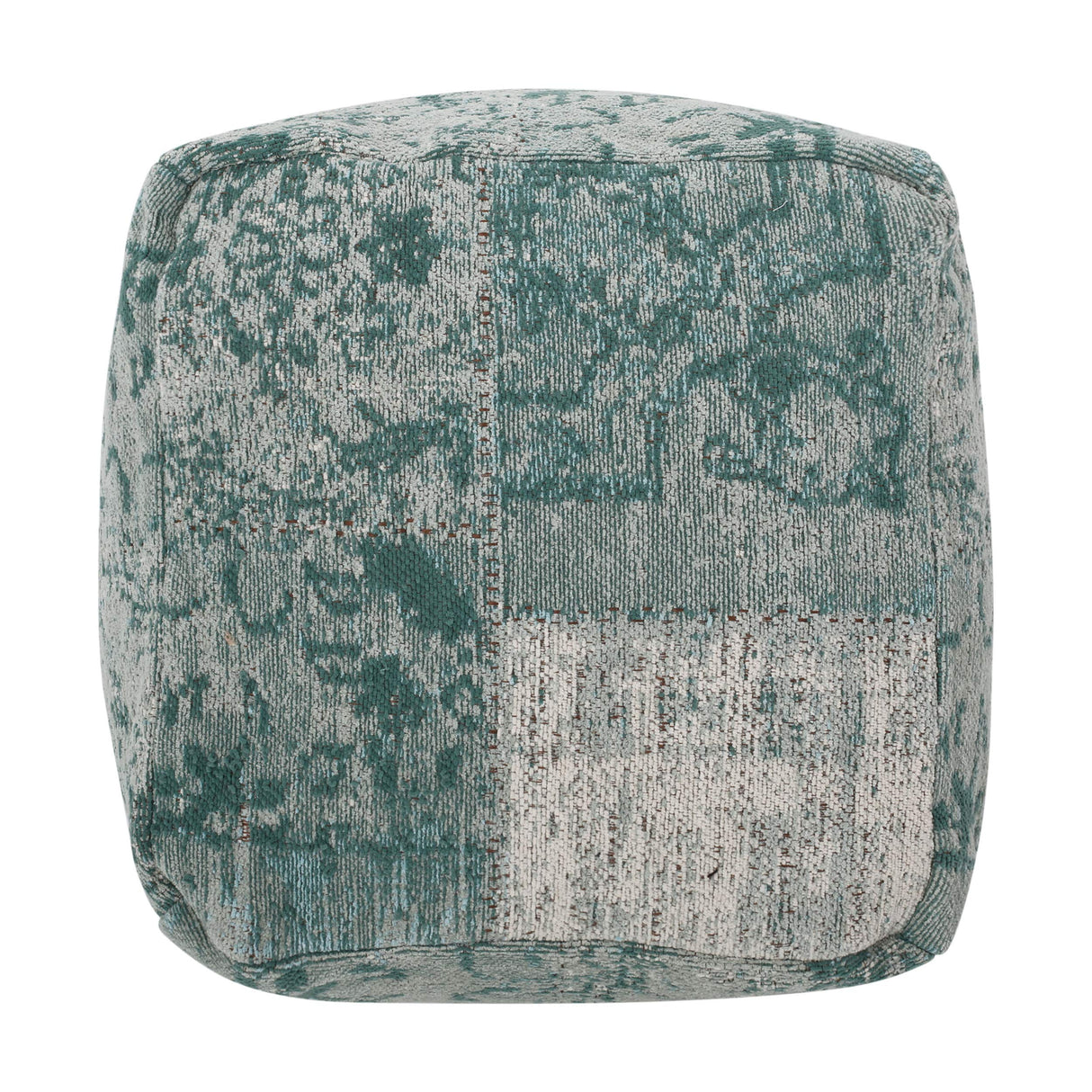 Hannah Hand-Loomed Boho Fabric Cube Pouf, Teal, Beige