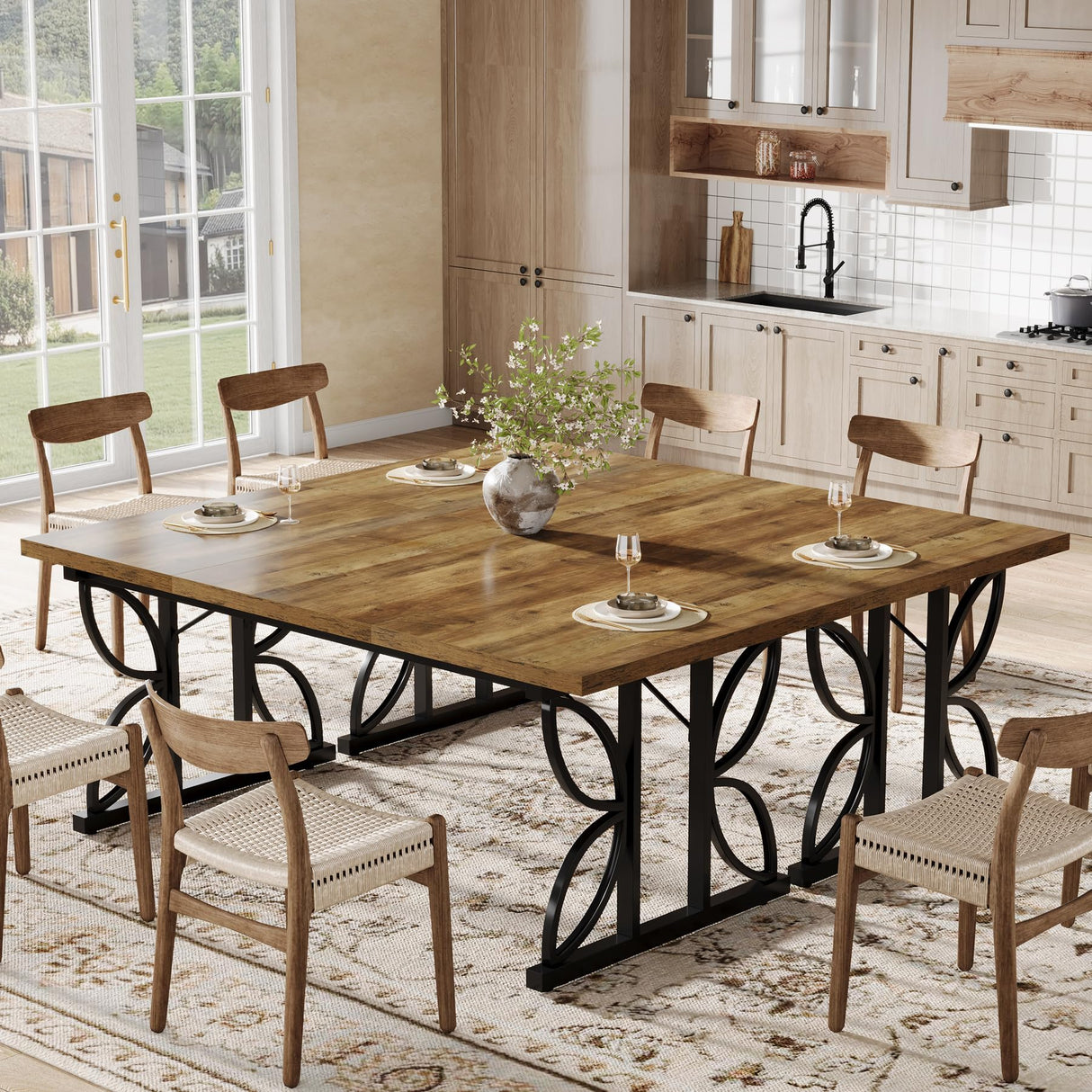 71" Dining Table for 6, Farmhouse Kitchen Dinner Table with Metal Frame, Rectangular Eating Desk, Dining Room
