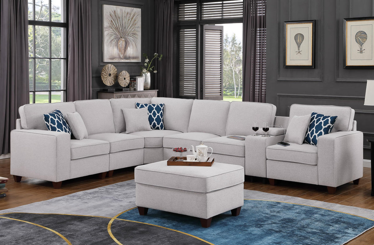 Linen Upholstered Sectional Sofa with Removable Ottoman,U-Shape 6 Seat Sectional