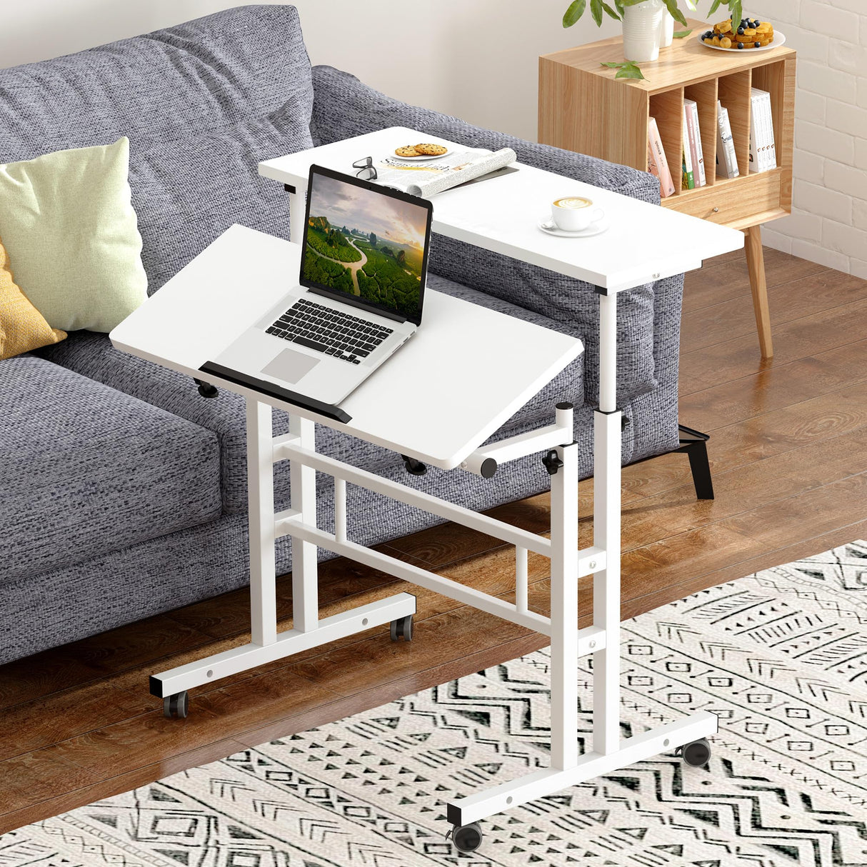 Mobile Standing Desk, Adjustable Laptop Desk with Wheels, Portable Home Office Workstation, Rolling Table Laptop Cart for Standing or Sitting, White