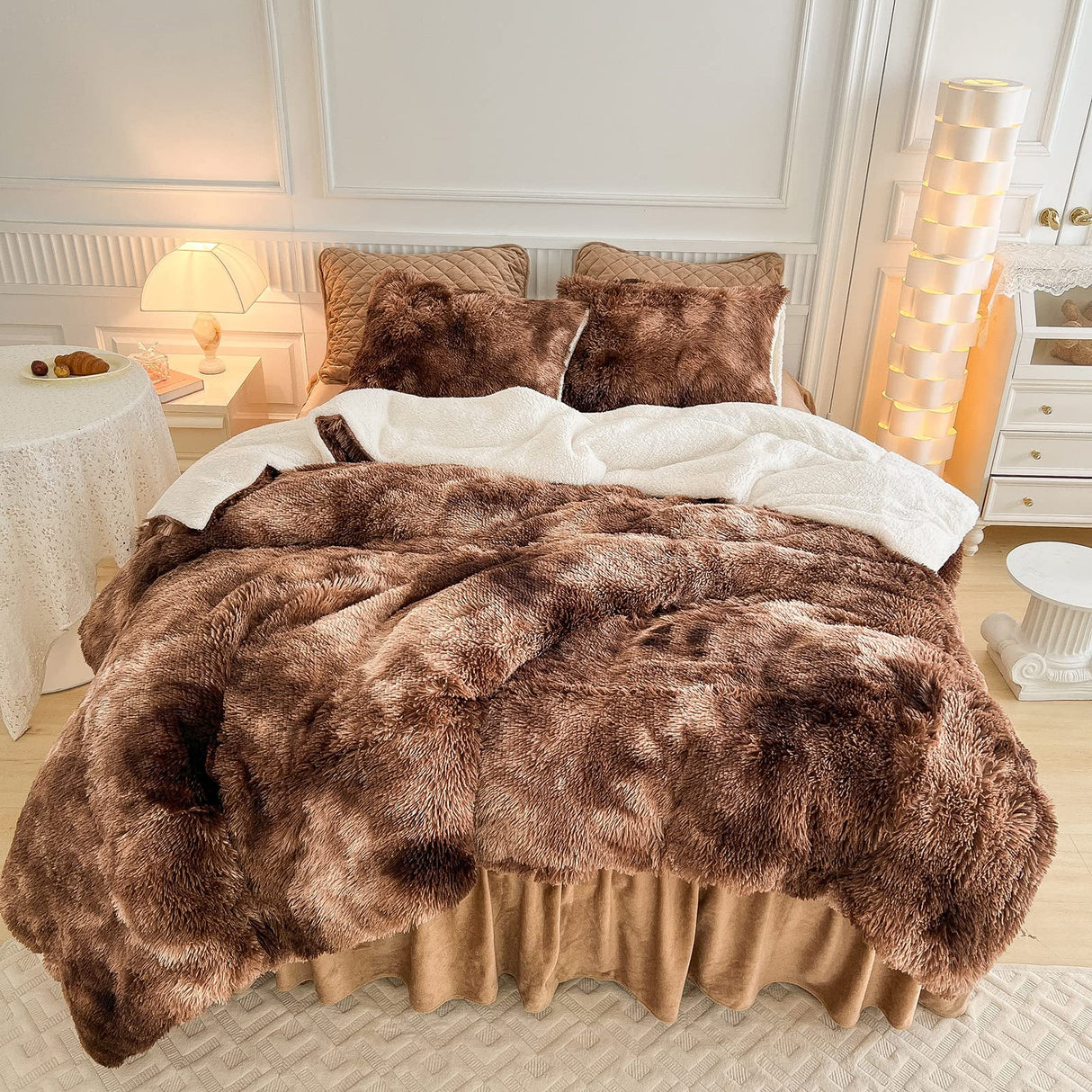 Fur Shaggy Fluffy Comforter Set Twin Size Mixed Coffee Brwon and White Long Hair, 3