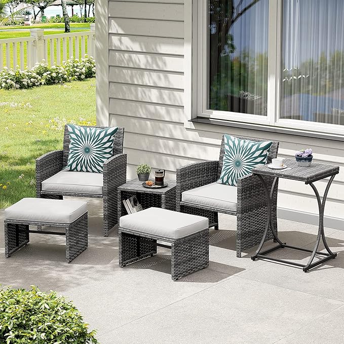 6 Piece Patio Furniture Conversation Set with Ottoman, Outdoor Grey Wicker Chair