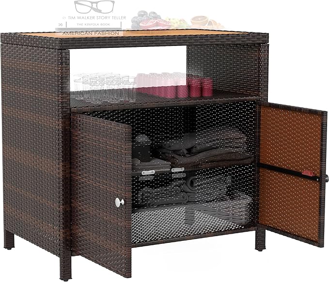 Wicker Outdoor Storage Cabinet, Rattan Outdoor Bar Table with Acacia Wood Countertop