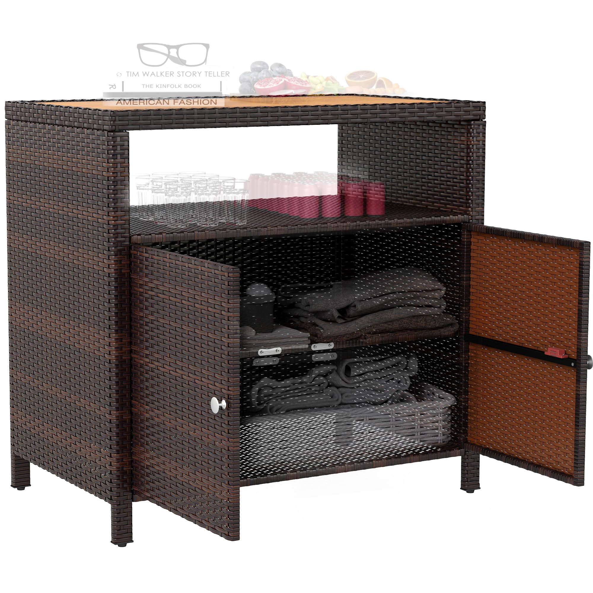 Wicker Outdoor Storage Cabinet, Rattan Outdoor Bar Table with Acacia Wood Countertop