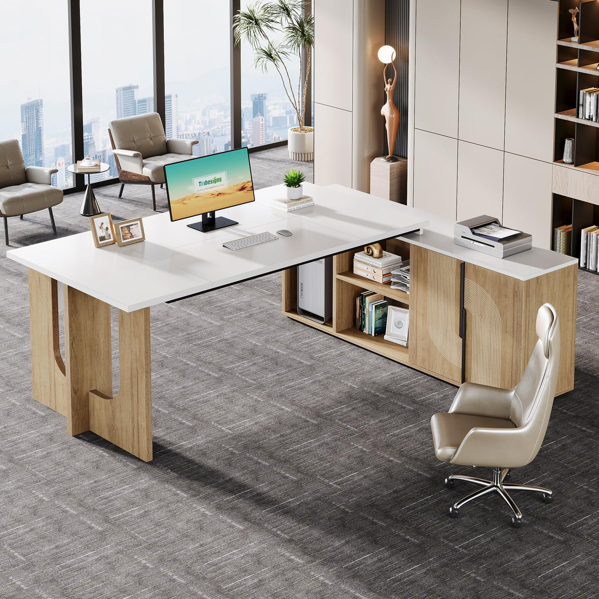 74.8" Executive Desk, Large Office Desk with Cabinet, L Shaped Computer Desk