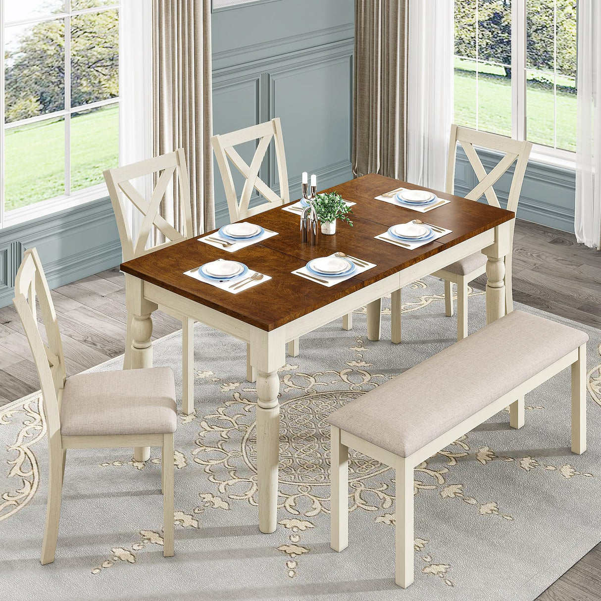 6-Piece Dining Table Set for 6 People, Solid Wood Table & Upholstered Chair Set w/Bench