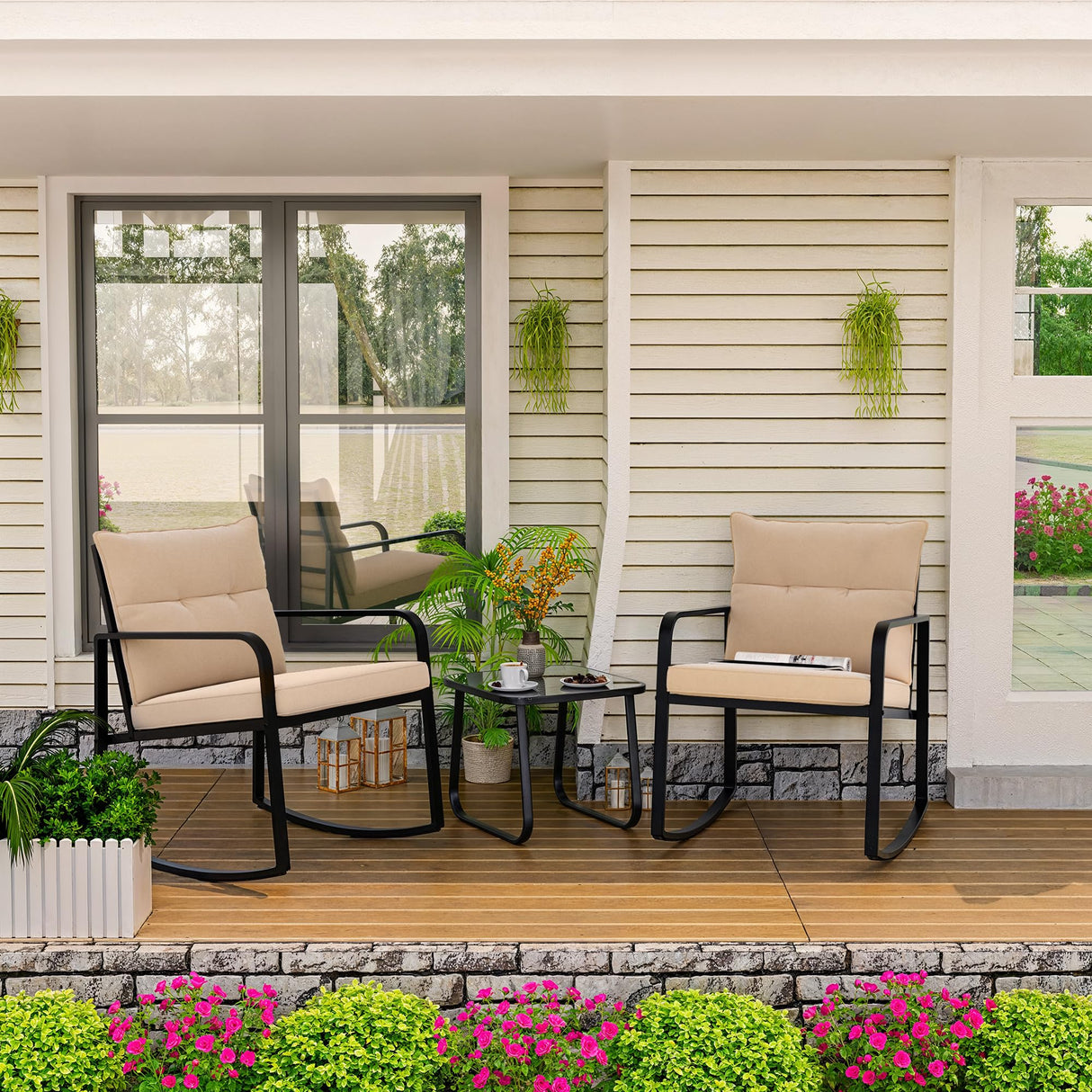 3 Piece Outdoor Rocking Bistro Set, Black Steel Furniture, Porch Chairs Conversation Set