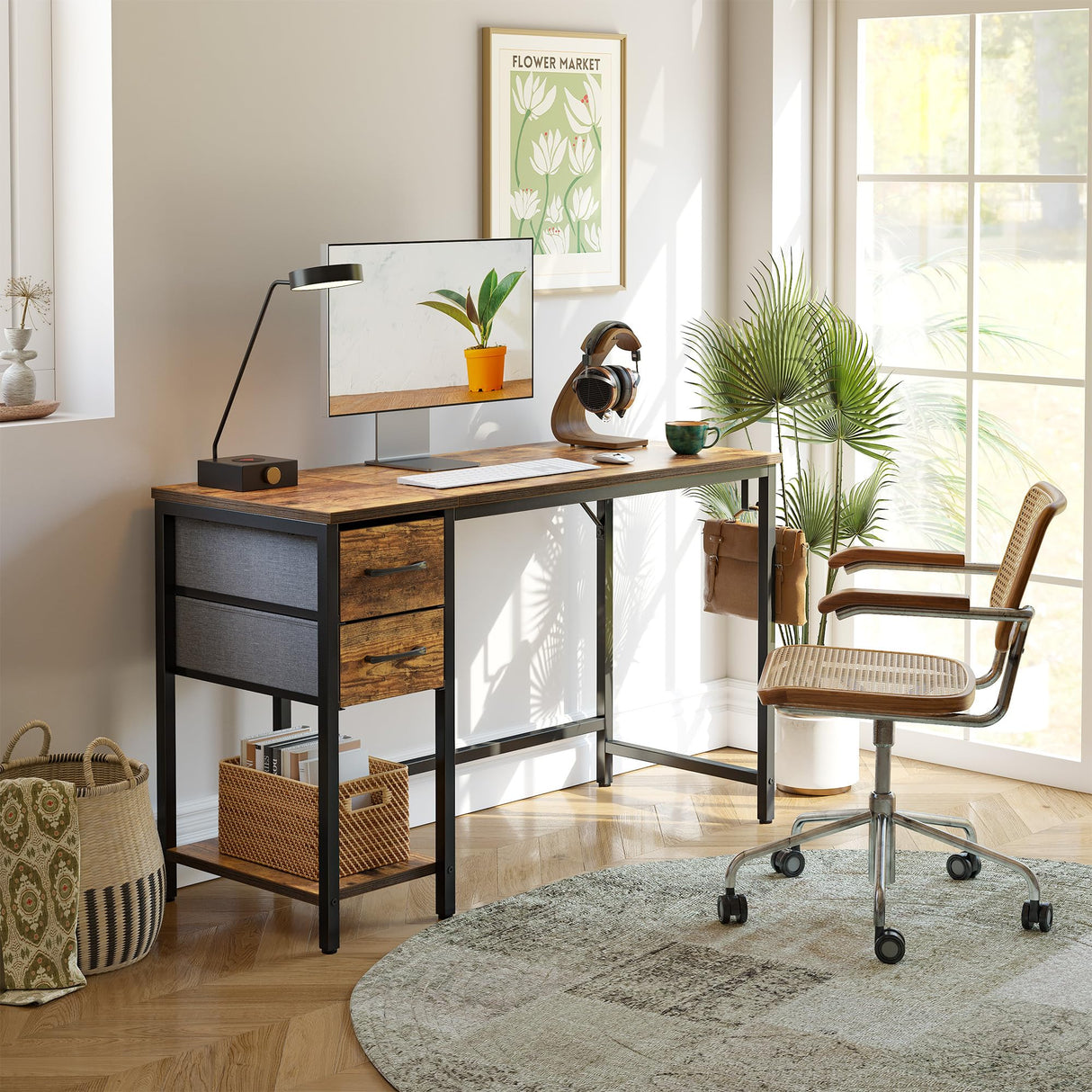 Computer Desk with 2 Drawers, 47 Inch Small Home Office Desk Study Writing Table