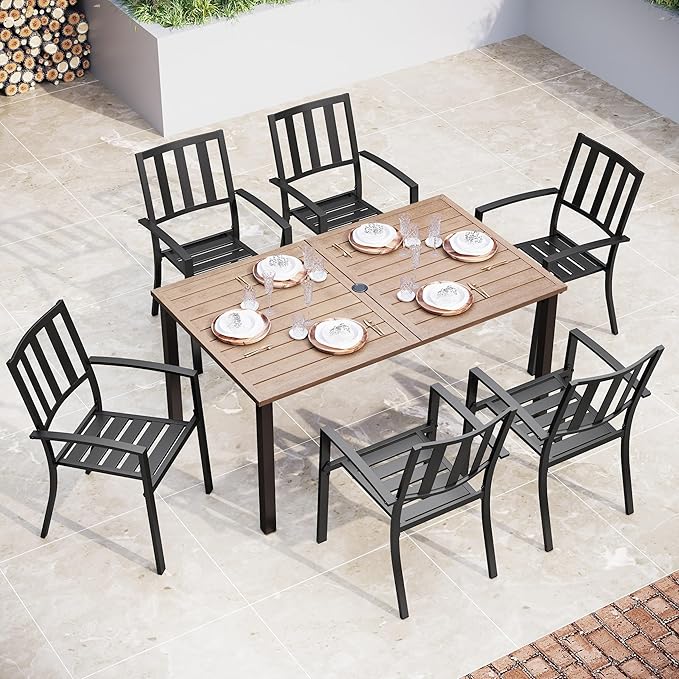 Round Patio Table and Chairs Set, Outdoor Dining Set for 6, 7 Piece Metal Patio Furniture