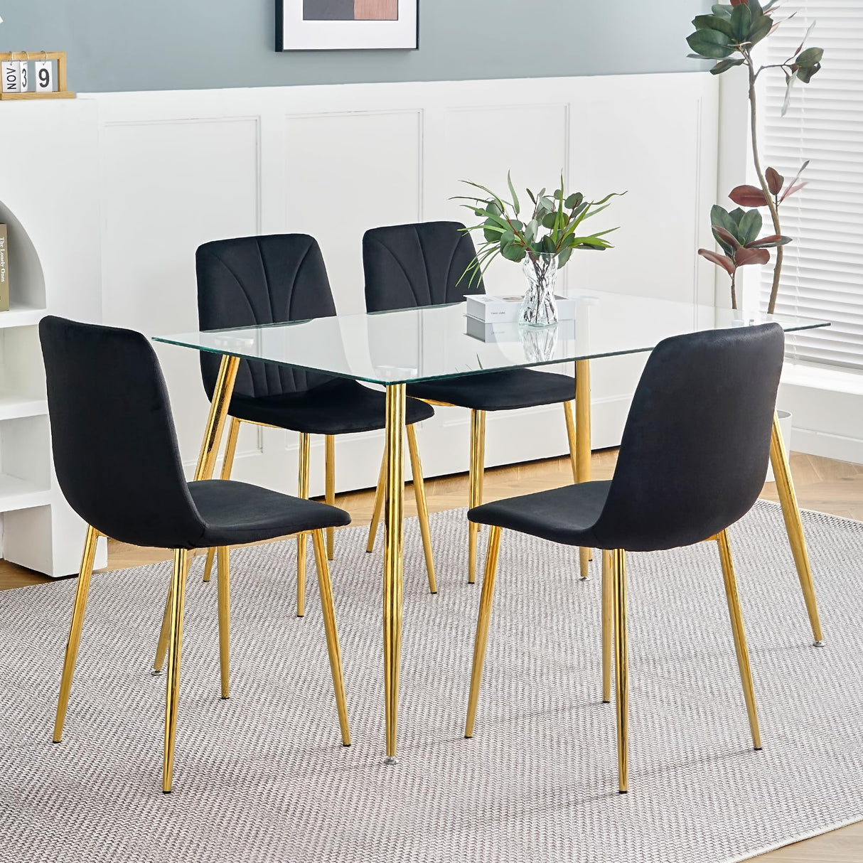 Mid Century Modern Dining Chairs Set of 4 - Black Velvet Upholstered with Metal Legs