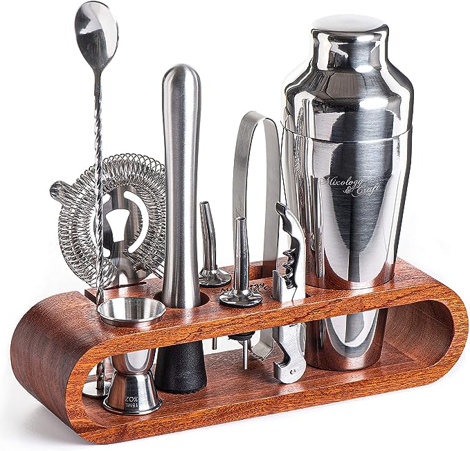 Bartender Kit:10-Piece Bar Tool Set with Dark Bamboo Stand | Perfect Home Bartending Kit and Martini Cocktail Shaker Set
