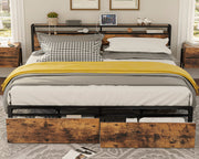 King Bed Frame with Storage Headboard, Platform Bed with Drawers and Charging Station,