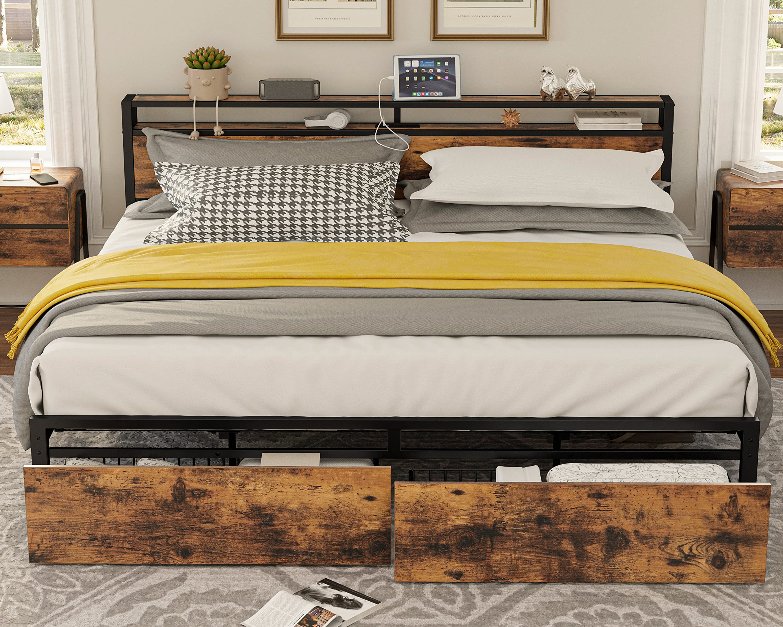 King Bed Frame with Storage Headboard, Platform Bed with Drawers and Charging Station,